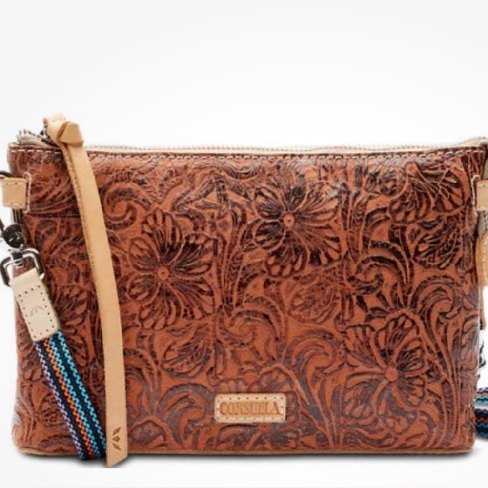 Consuela Brown Embossed Crossbody Bag with Multicolor Strap